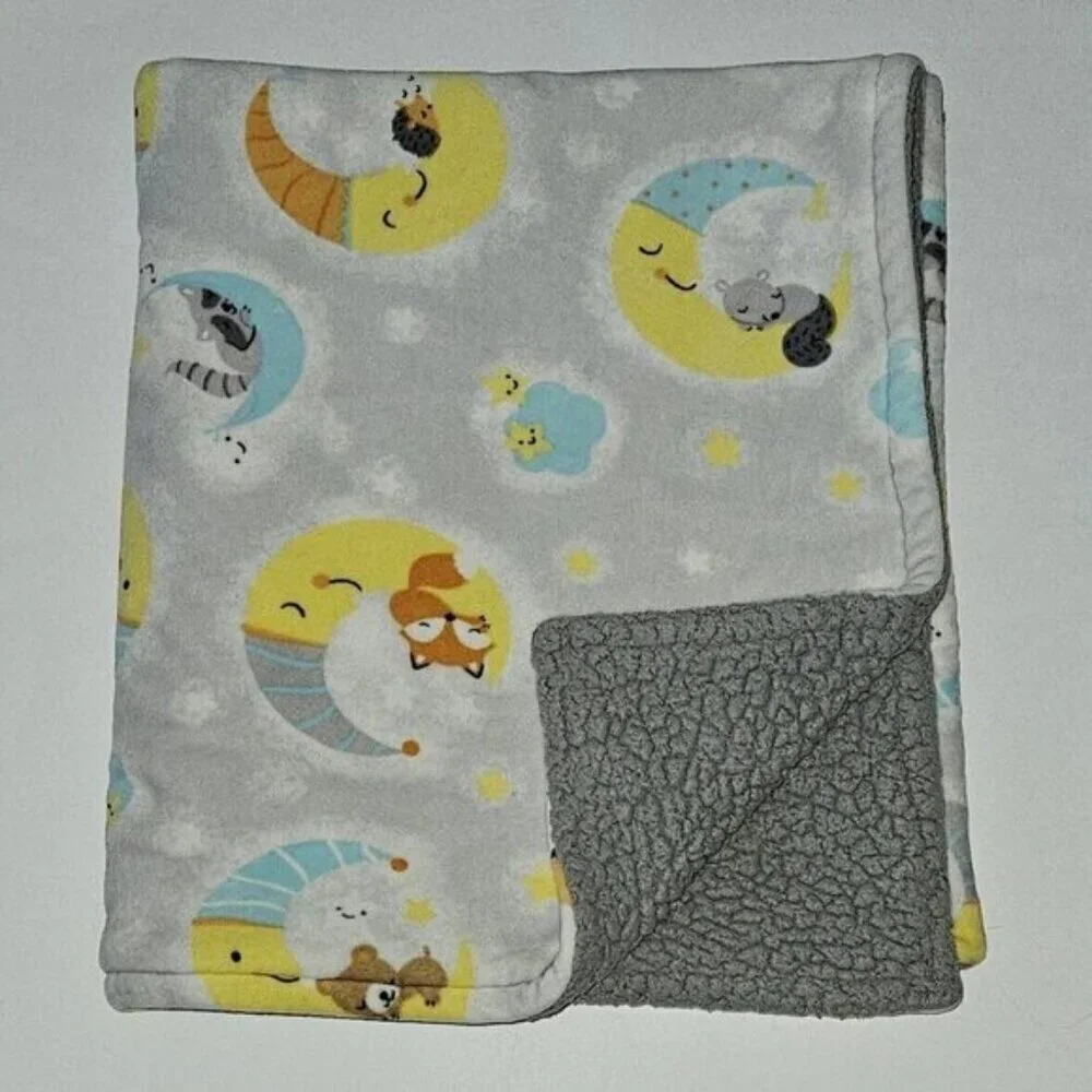 Moon Stars Fleece Baby Blanket Gray Sherpa Raccoon Bear Squirrel Fox Deer